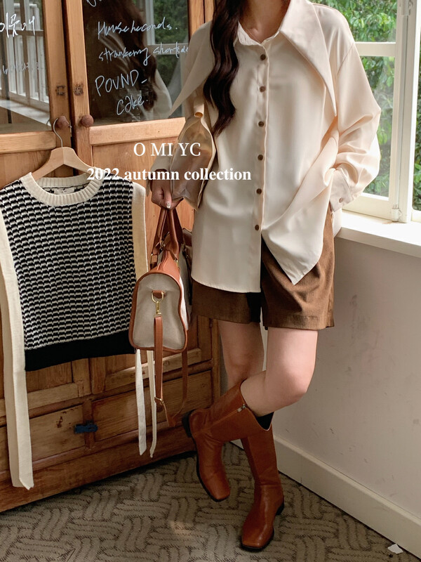 Autumn on the new![O MI] Korean Commuter versatile pointed neck shirt 88221 # FHX