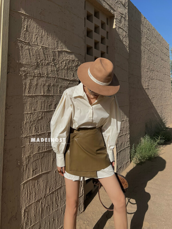 [Osha MADEINOST] Early Autumn On New Bubble Sleeve Shirt Dress Velcro Leather Dress Two Set 87002