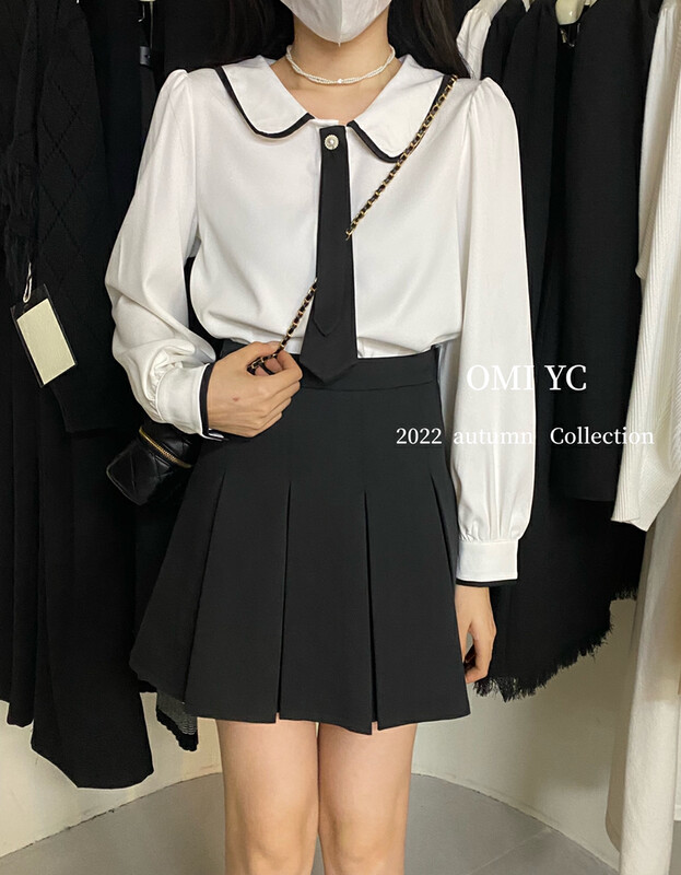 [O MI] Thick western-style college style shirt shirt (with tie) detachable tie 88219