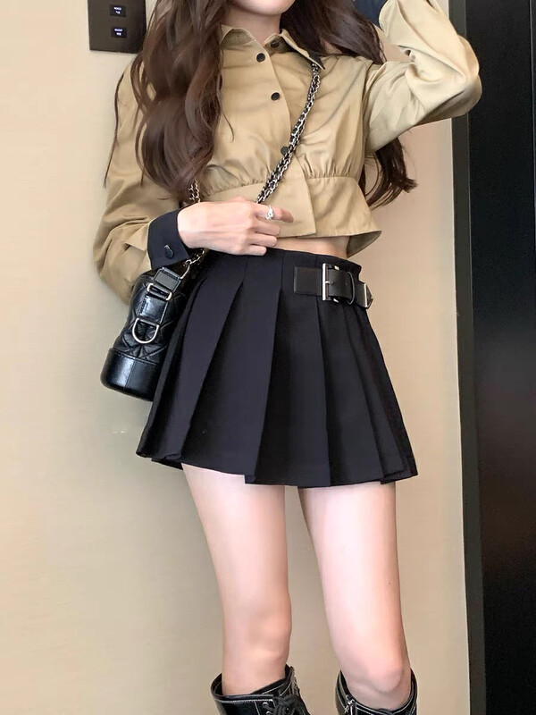 Autumn on the new![Amanda] Big long leg leather buckle one piece of versatile pleated skirt pants 8819 # PCZ