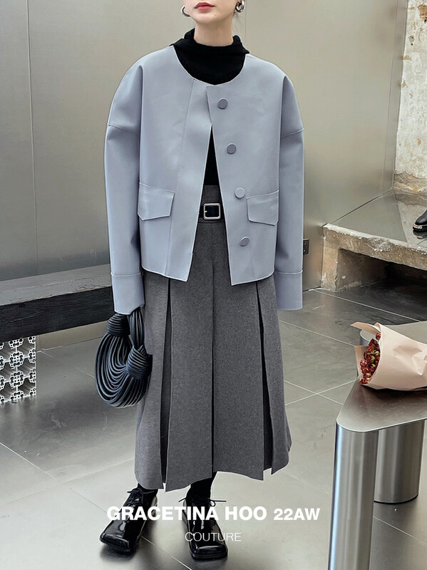 [GRACETINA HOO] Niche design sense contrast color is a round collar jacket leather clothes (double-sided patchwork leather stereo car line) WT6159 # CQW