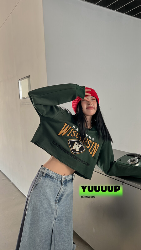 [FISH YU] American Spice Girl High Density Embroidery Retro Letter Loop Cotton Short Bodysuit 622615