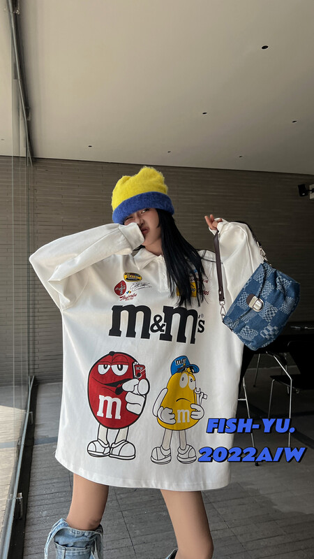 [FISH YU] Cartoon M Bean tong qu color pull print POLO shirt 22587