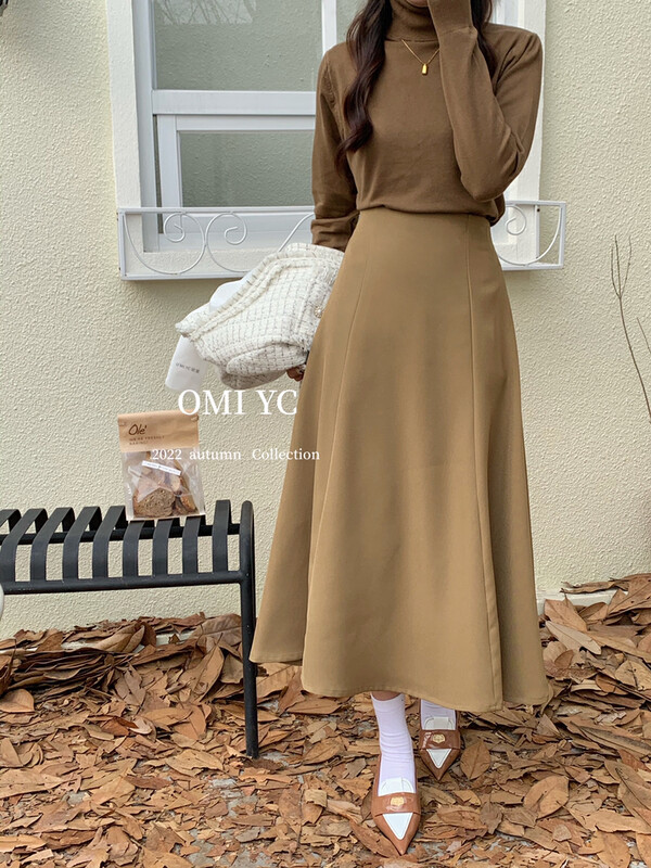 [O MI] Simple solid color Medium-length skirt 55727 # FHX