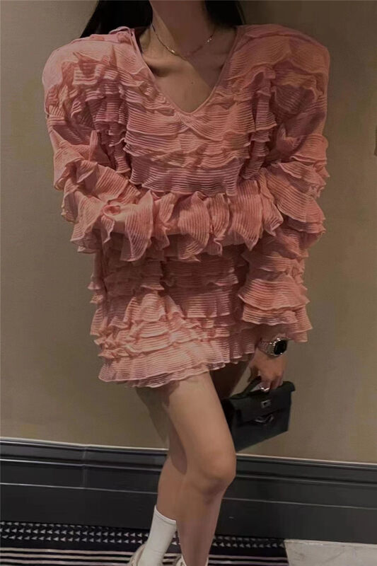 New autumn and winter![Yan Zhen] Temperament V collar flounce design sense short dress 75883 # PCZ
