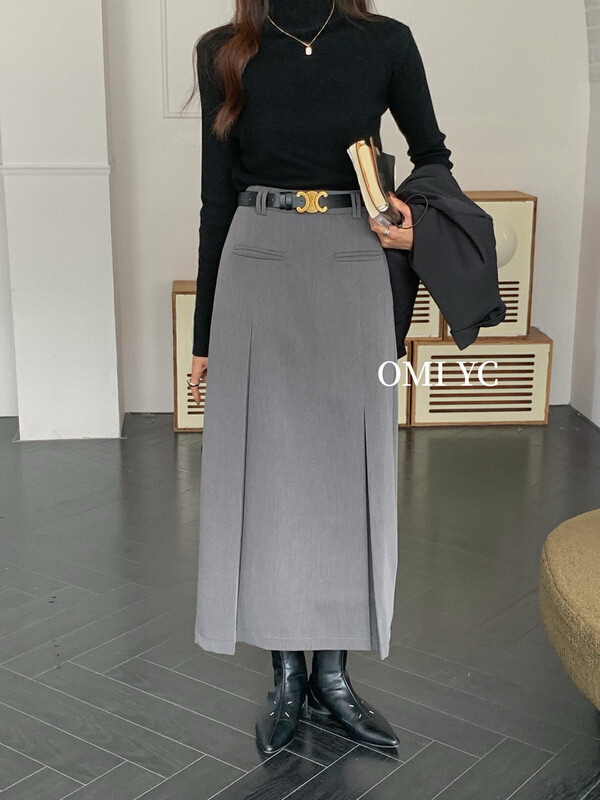 [O MI] Versatile high waist thickened composite suit pleated skirt (with belt) with belt 55211