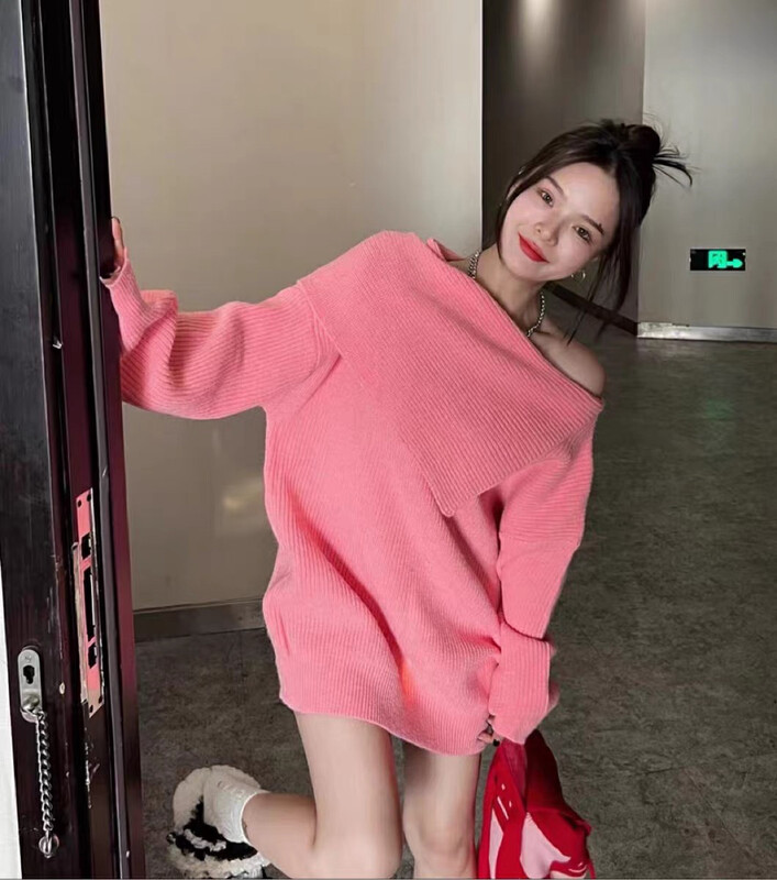 direct seeding ⑭! Winter on the new![Amanda] Korean one-word shoulder lazy loose lapel collar sleeve thermal sweater (only sell sweater) 5260 # PCZ