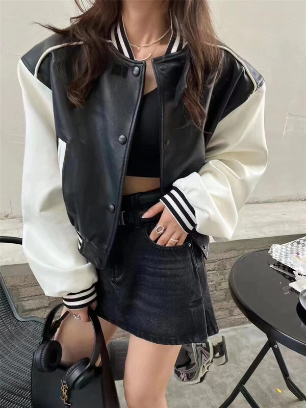 Autumn and winter new style! [Yan Zhen] Baseball uniform color contrast PU leather jacket 76552 # PCZ
