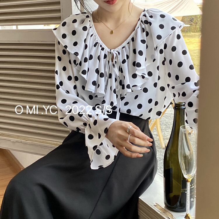 Autumn on the new![O MI] Korean flounce polka-dot small shirt YS8616 # FHX