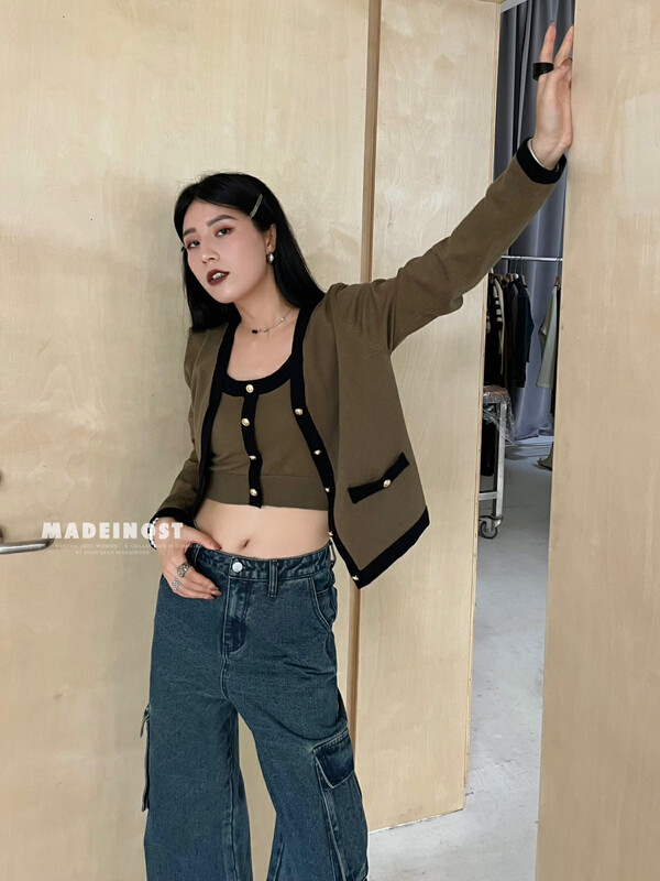 [Osha MADEINOST] Autumn new small fragrant wind collision color edge vintage knit vest and knit open set S7025