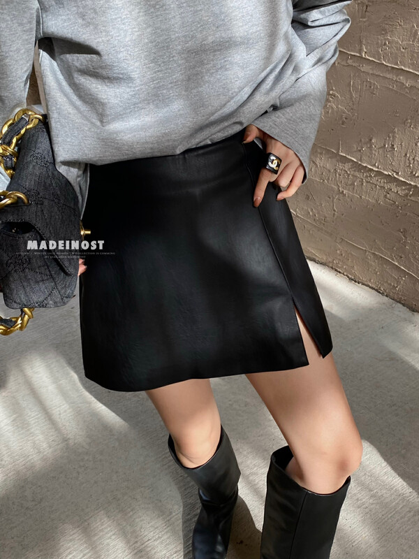 [Ousha MADEINOST] New Minimal Fake Two Piece Split PU Leather Skirt Pants in Early Autumn 87097