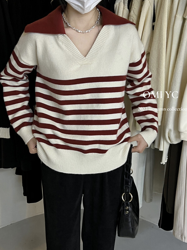 [O MI] Stripe Versatile Korean Warm Sweater 3338 # FHX