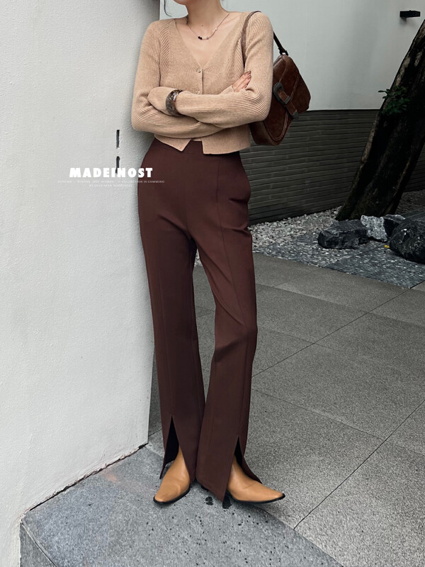 [Osha MADEINOST] Autumn new front slit shows slim straight knitted elastic pants 87171
