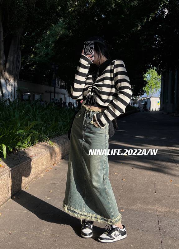 Autumn on the new![NINA LIFE] Casual and simple high-waisted denim skirt 2593 # ZXL