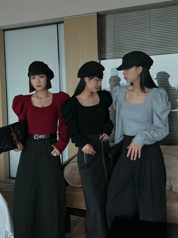 Autumn on the new![Yuan Xi] Bubble sleeve square collar simple long sleeve T-shirt 4074 # LSL