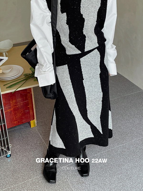 [GRACETINA HOO] Natural textured design knitted A-character skirt jacquard pattern elastic waist design Z916