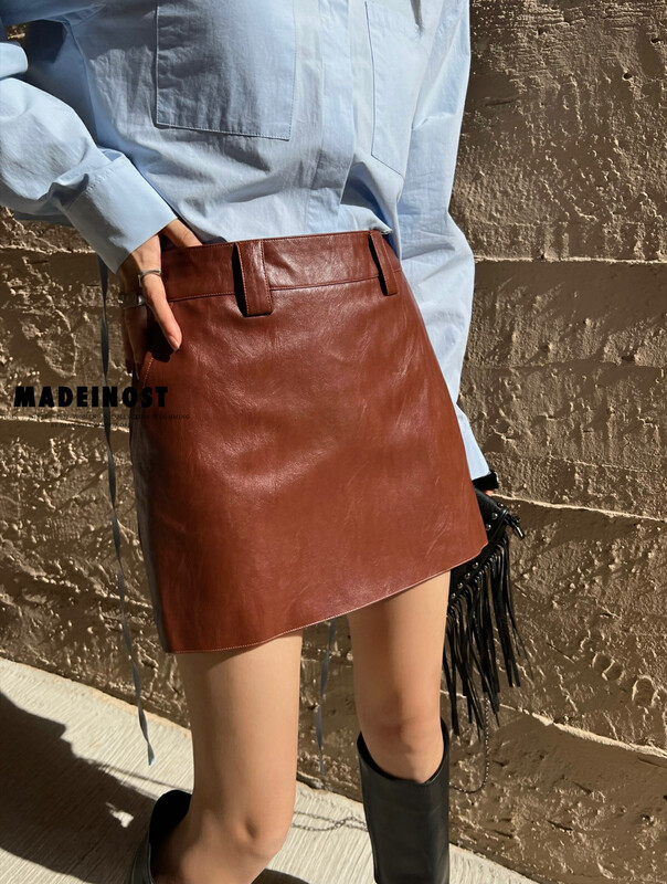 [Osha MADEINOST] Early autumn on the new vintage low waist pu leather short skirt 87016