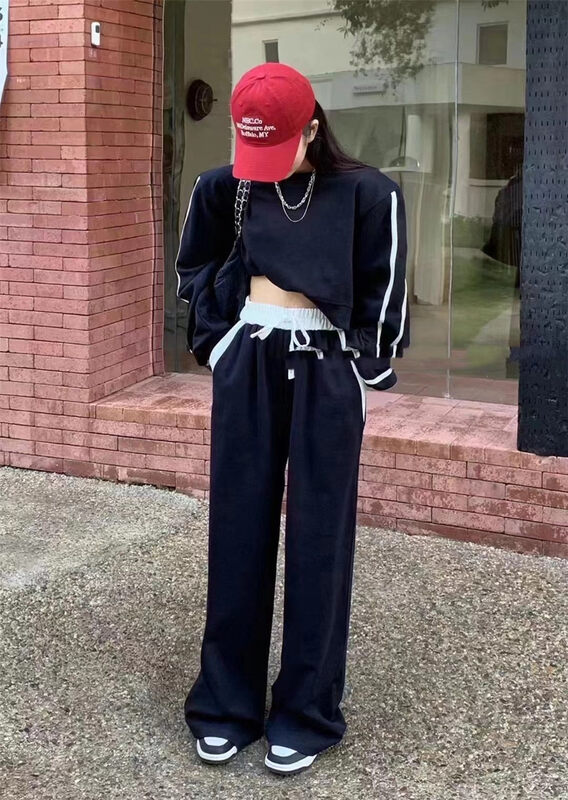 Autumn on the new![Yan Zhen] Sleeve patchwork jacket hoodie + color patchwork high-waist casual pants suit 67200 # PCZ