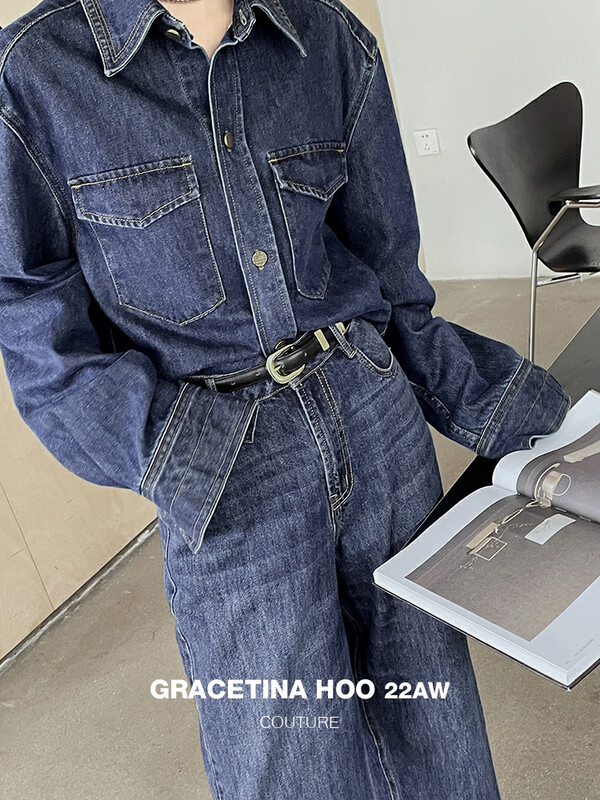 [GRACETINA HOO] Vintage washed straight wide denim jacket custom metal buckle micro drop shoulder silhouette N259