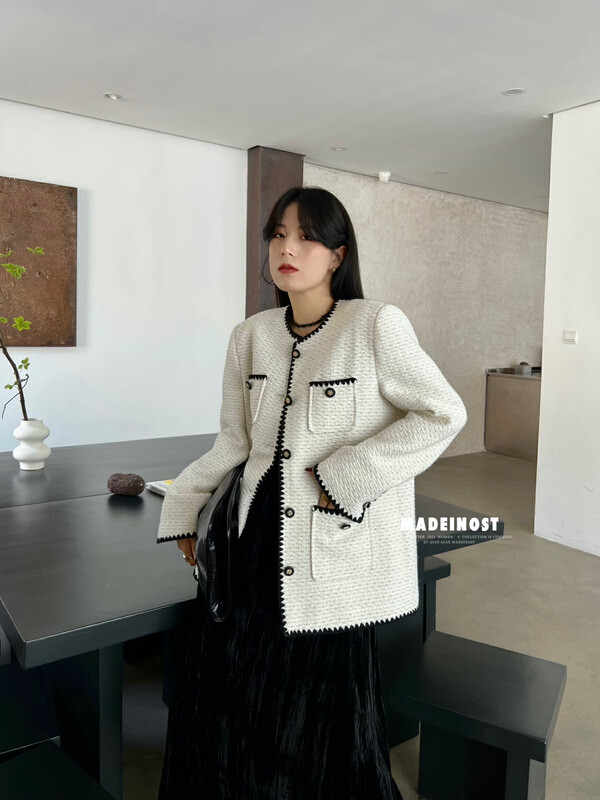 [Osha MADEINOST] Autumn new small fragrant wind advanced sense collision color bag edge short coat 87198