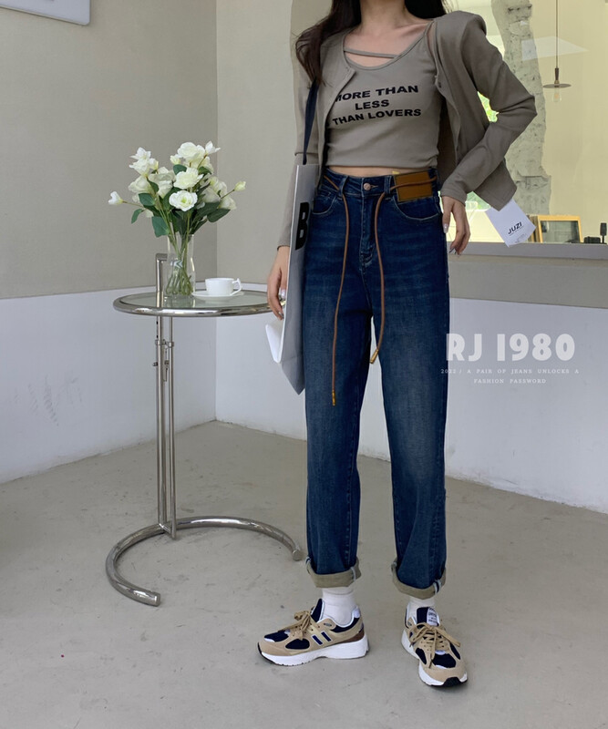 [1980] New autumn stylish logo retro wind loose Harron jeans (with waist rope) 2A65376