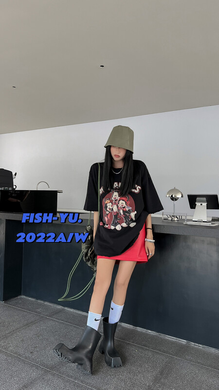 [FISH YU] Cartoon Vintage Print Thick sted Short Sleeve T Shirt 22609