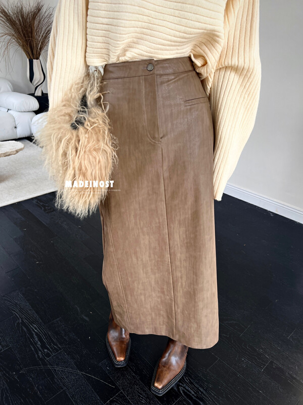 [Osha MADEINOST] Autumn new premium sense vintage PU leather texture long skirt 87261 # FHX