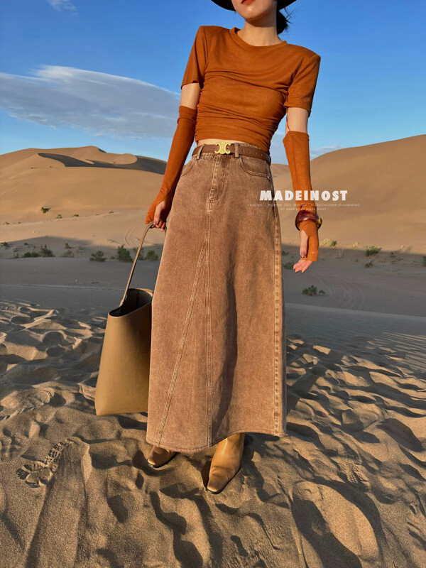 [Osha MADEINOST] Early fall on the new vintage A pendulum denim skirt (with a belt) 87030 # FHX
