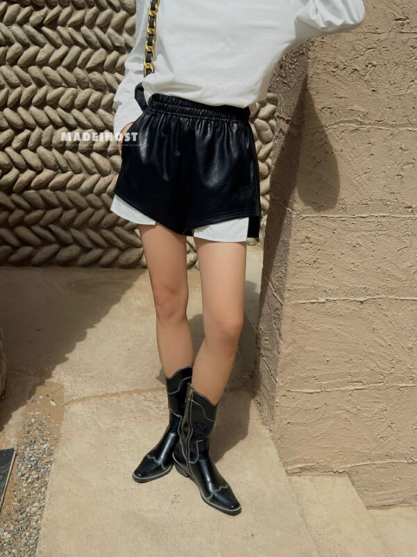 [Ousha MADEINOST] Two pieces of PU leather casual shorts 87101