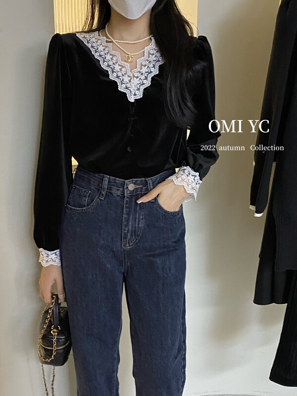[O MI] French V-neck lace stitching shirt 88223 # FHX