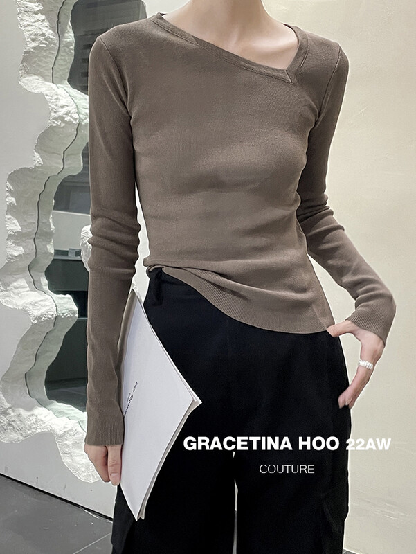 [GRACETINA HOO] Irregular beveled cut slim fitting knitwear body shaping thickened knitting base coat Z303-1