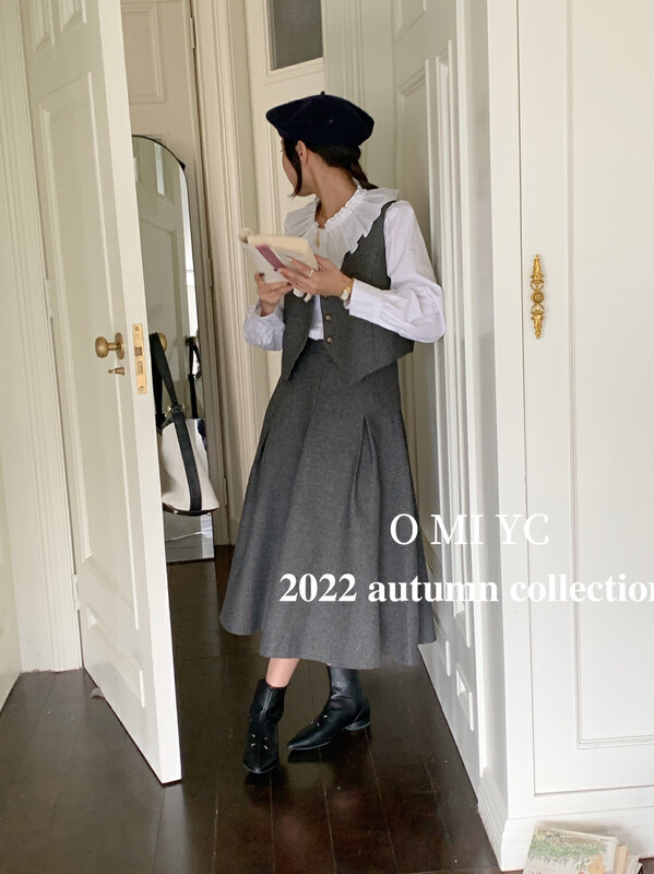 [O MI] French vintage vest+high waist pleated skirt suit (excluding shirt) 03207 # FHX