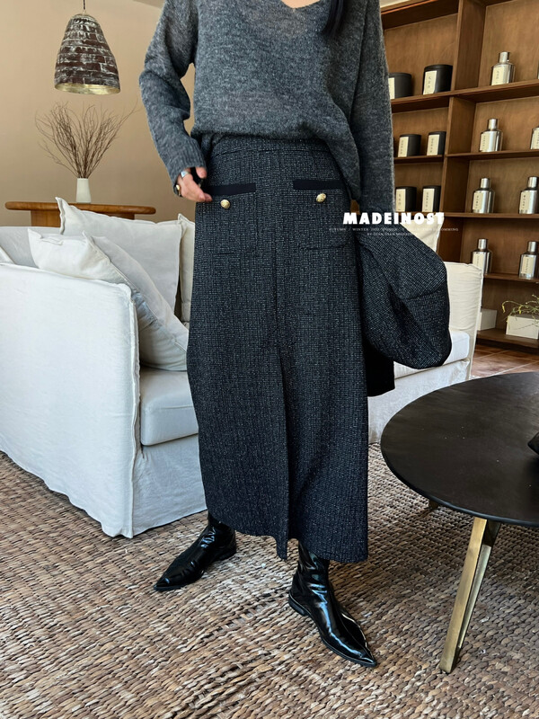 [Osha MADEINOST] Autumn new advanced sense small fragrant wind pocket A word skirt skirt bright silk 87082