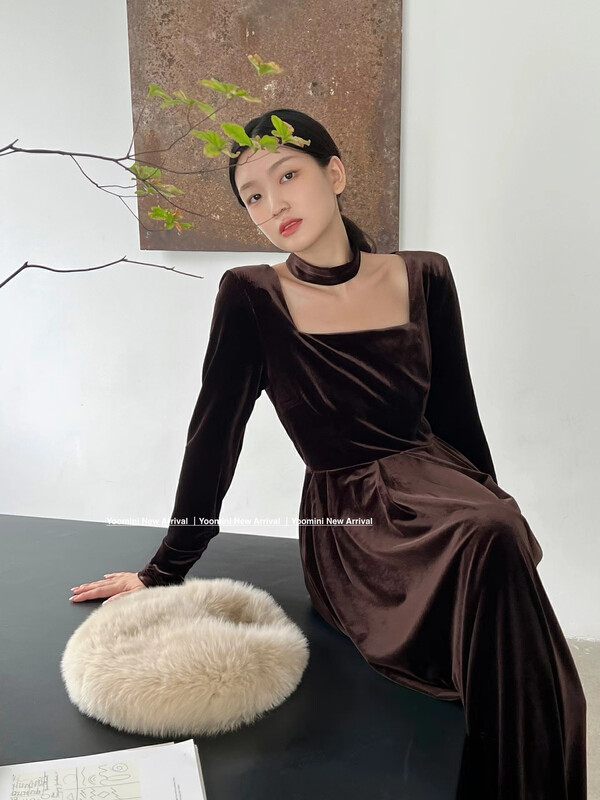 [YOOMINI] French vintage square neck dress (with removable collar collar) Q16094-W # WPL