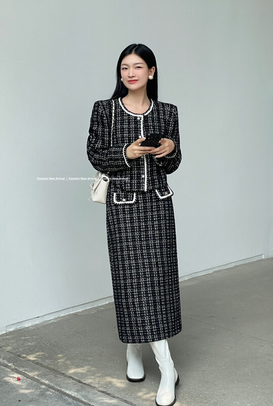 Autumn on the new![YOOMINI] Small fragrant wind contrast color short coat + show thin half skirt suit (30% wool) Q16267-W # WPL