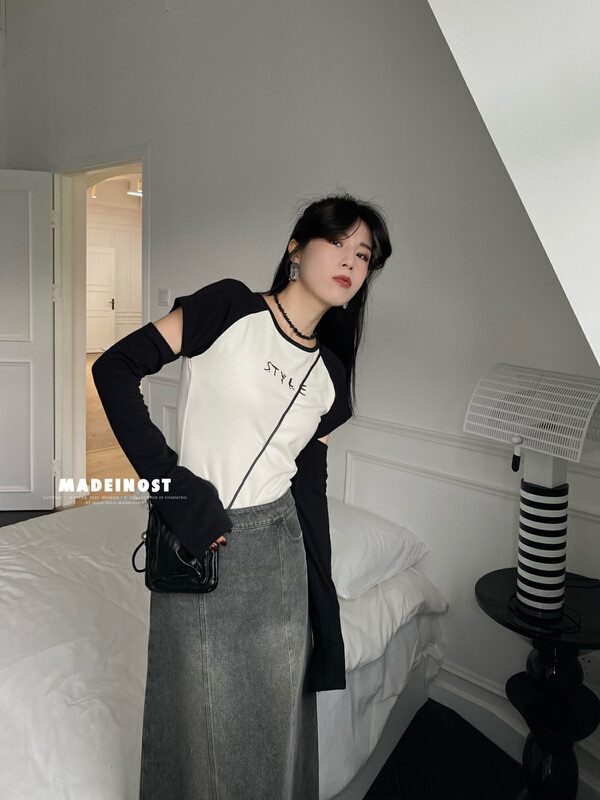 [Osha MADEINOST] Autumn new design sense open rotator sleeve contrast color long sleeve T-shirt 87182