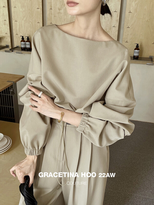 [GRACETINA HOO] One word collar slim tight sleeve long sleeve shirt adjustable spring buckle waist versatile CS5239