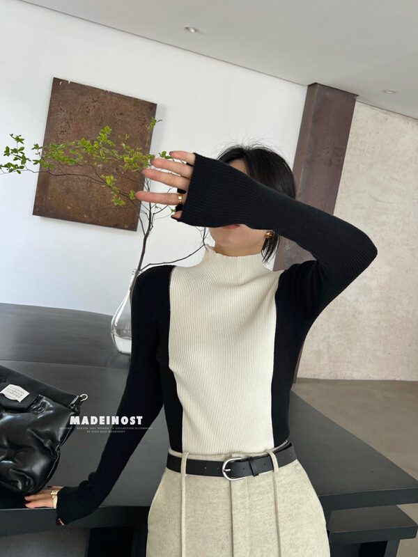[Osha MADEINOST] Autumn and winter new retro contrast color half turtleneck sweater advanced sense S7055