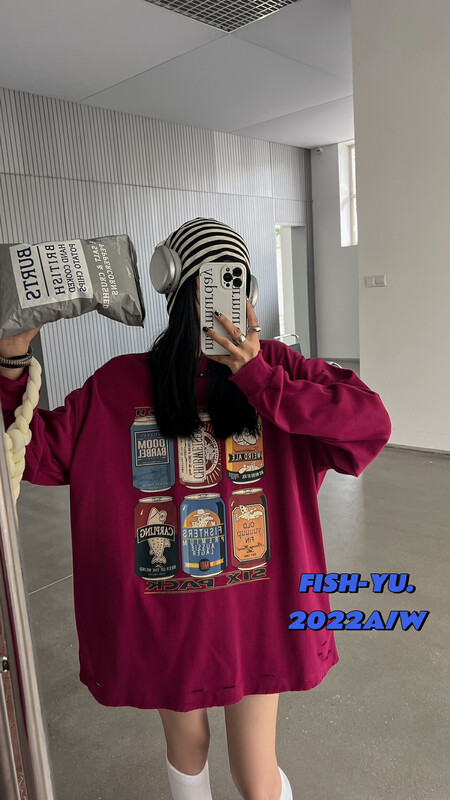 [FISH YU] American vintage drink can color pull print with long sleeve T-shirt 22620