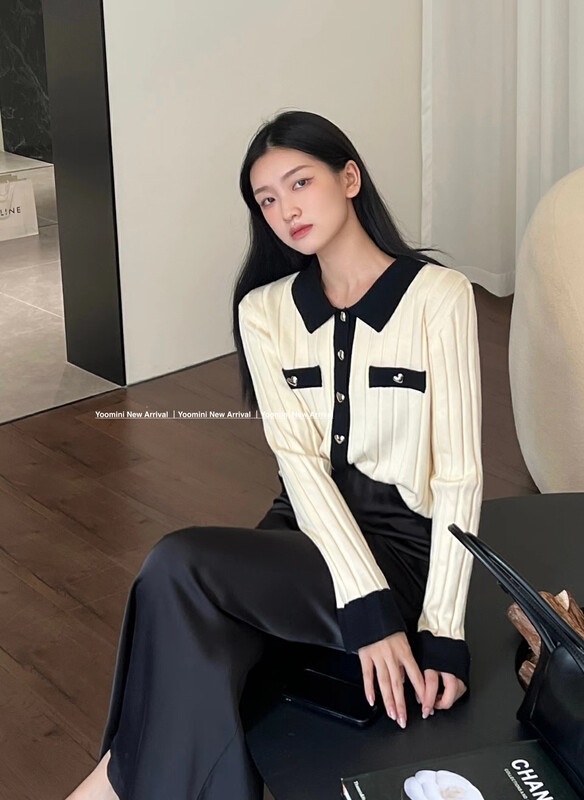 New autumn style! [YOOMINI] Fashion color contrast love button knit Q13699-S # WPL