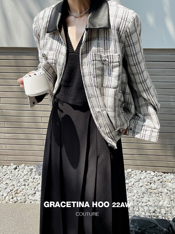 [GRACETINA HOO] Design sense of leather lapel silhouette loose tight hem suit custom added thick coarse spinning plaid WT5101