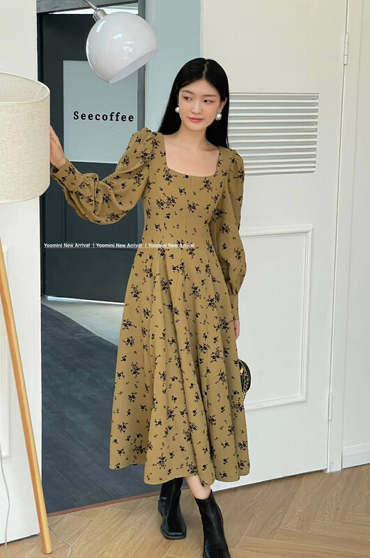 New autumn style! [YOOMINI] Romantic elegant square neck floral waist closing dress Q16299-W # WPL