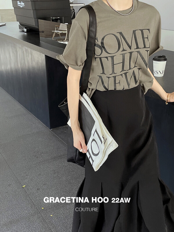 [GRACETINA HOO] Simple loose print short-sleeved T-shirt autumn and winter thick lazy loose joker T3186