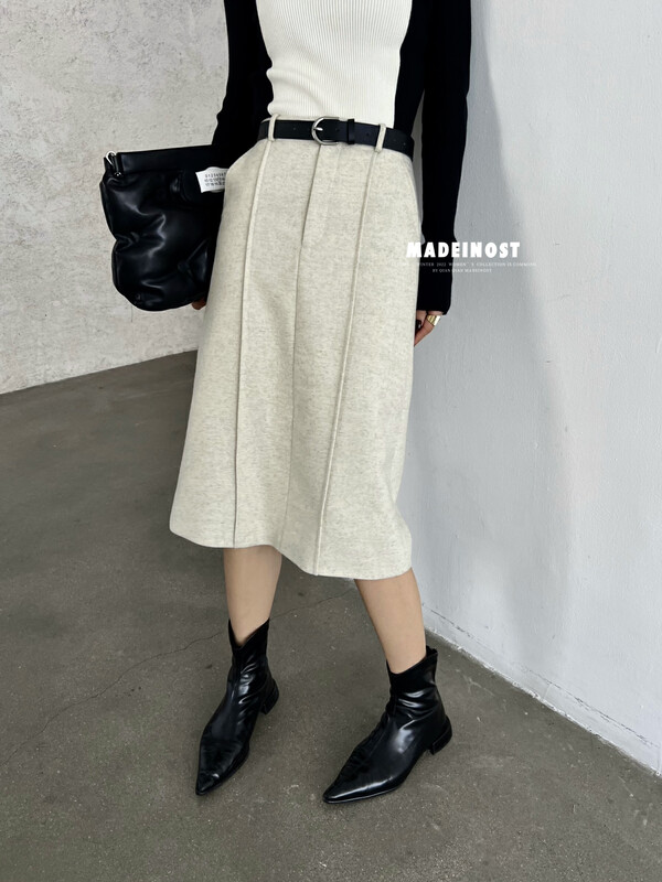 [Osha MADEINOST] Autumn and winter new design belt woolen skirt contains 50 wool 87300