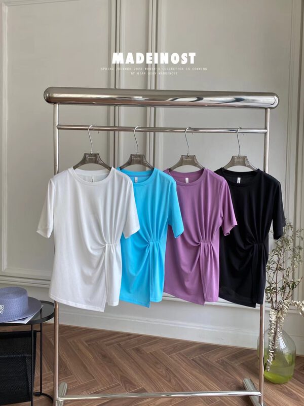 [Osha MADEINOST] Waist design feeling slit short sleeve T-shirt YS1-86215