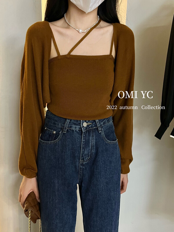 [O MI] Sling shawl two-piece knitted suit shirt 23130