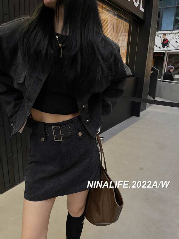 Autumn on the new![NINA LIFE] Simple short denim jacket + A word high-waist skirt set 6339 # ZXL