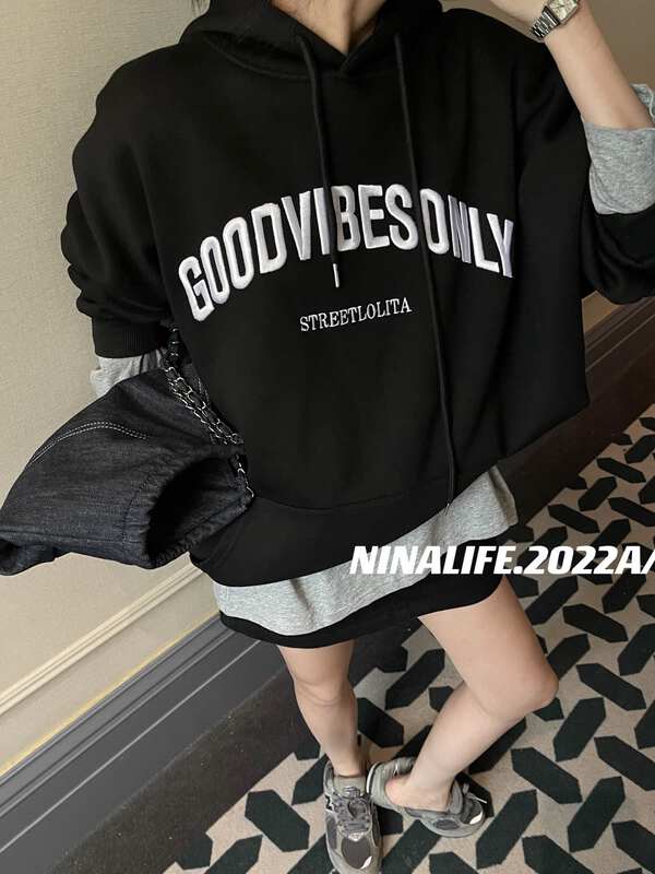 Autumn on the new![NINA LIFE] Loose Hoodie Embroidery Swedie 208 # ZXL