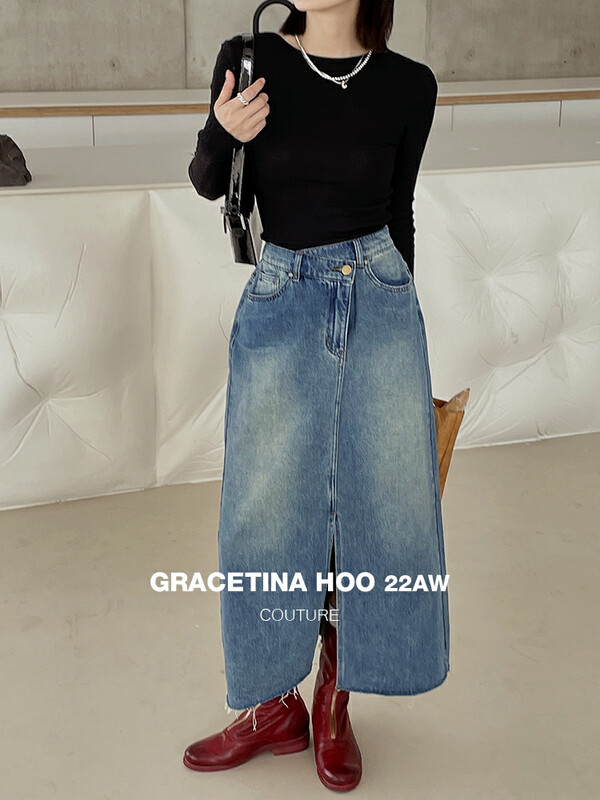 [GRACETINA HOO] Irregularly staggered waist, high waist, versatile denim skirt, environment-friendly, washed and retro N235