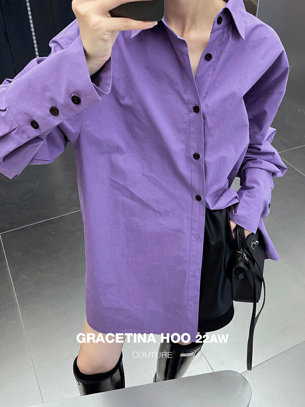 [GRACETINA HOO] Design sense clean color casual long-sleeved shirt (contrast color button wide cuff design) CS6285 # CQW